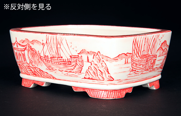 月之輪涌泉造、赤絵龍図外縁隅入切足長方鉢盆栽鉢名鉢