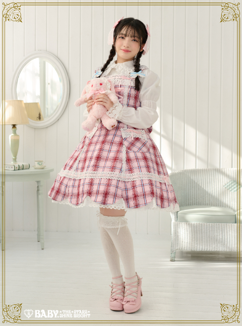 裾スカラップタータンチェックジャンパースカート＆リボンコームセット