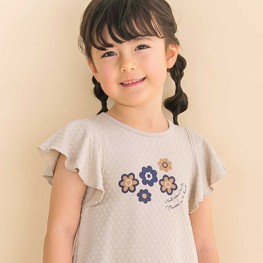 フレアスリーブお花プリント半袖Tシャツ(80~130cm)(80cm ベージュ