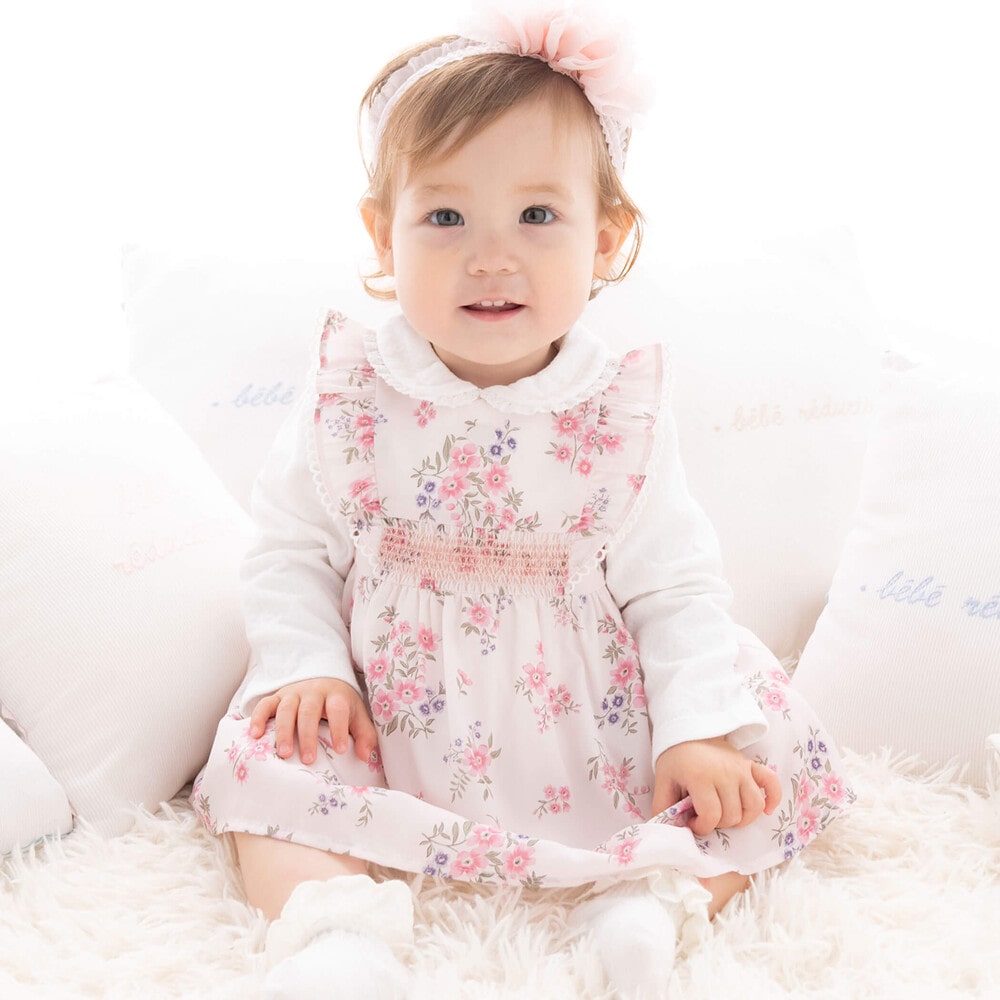 デシン花柄スモッキングワンピース(70~90cm)(S(70-80cm) ピンク系