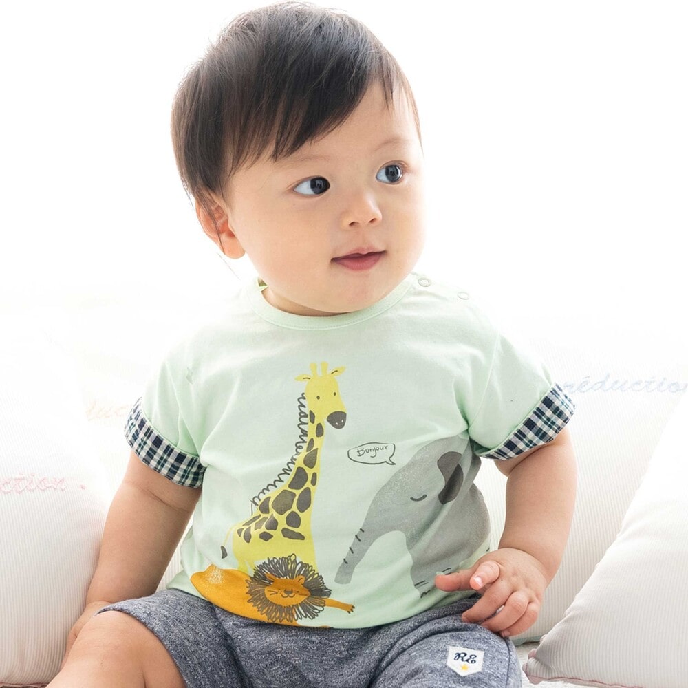 天竺アニマルプリントTシャツ(70~90cm)(S(70-80cm) グリーン): 新生児