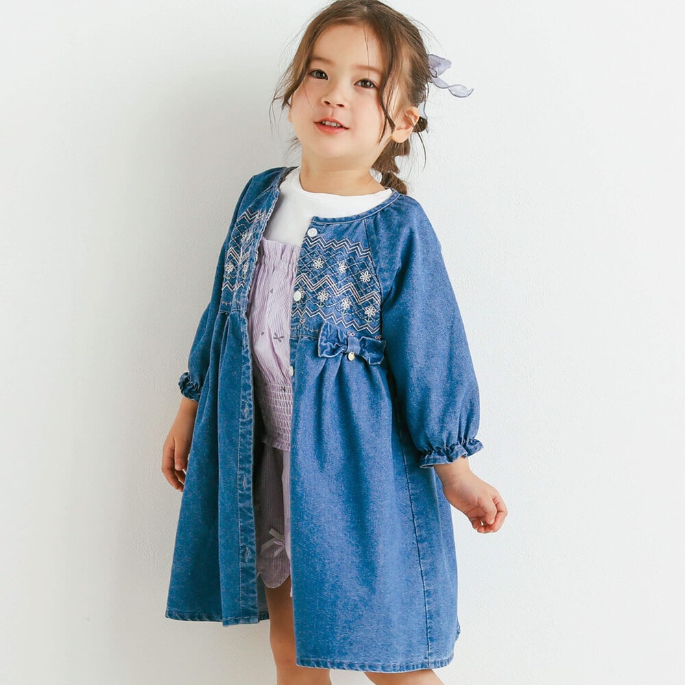 リボン付きギャザー7分袖デニムワンピース(80~140cm)(80cm ネイビー