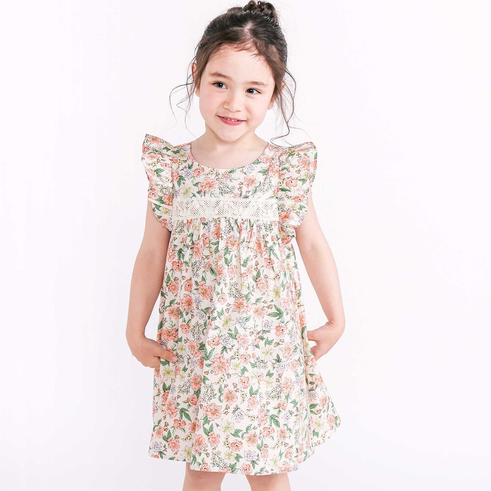 袖フリル後ろオープンハート花柄ワンピース(90~130cm)(90cm オレンジ系