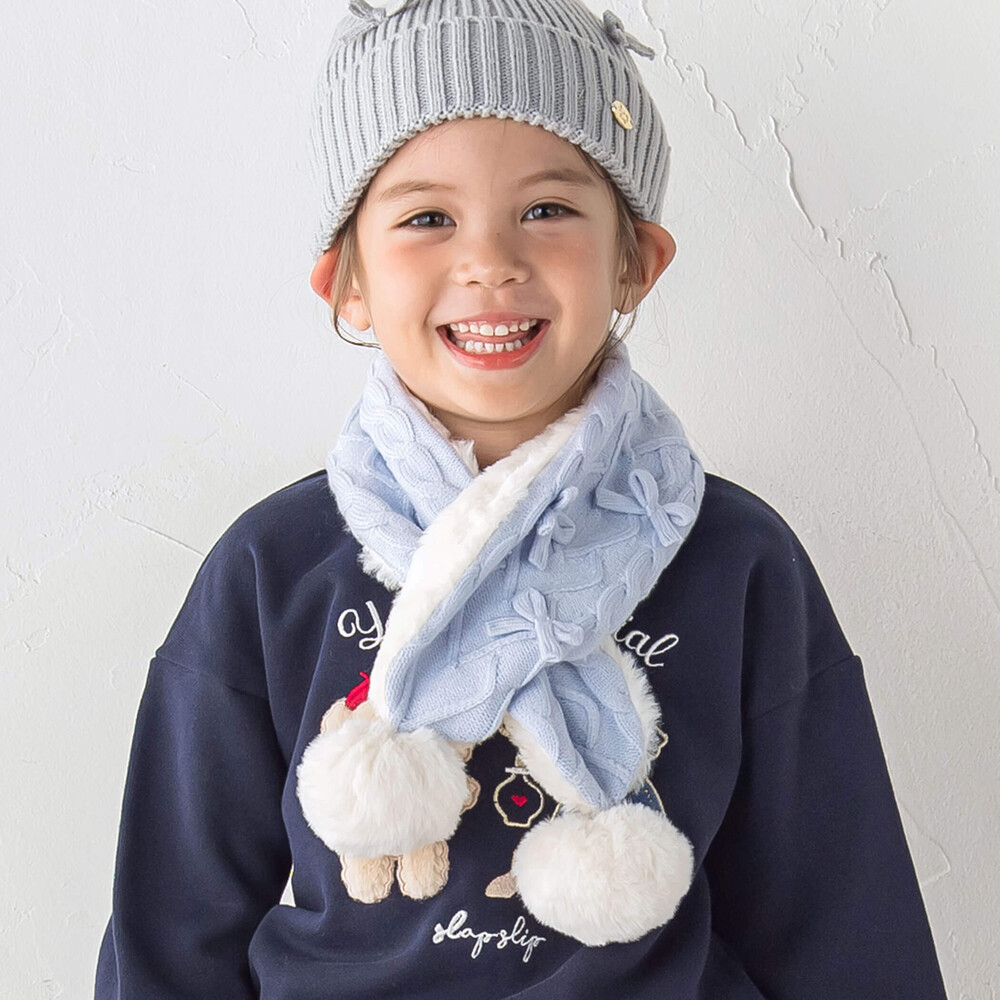 ボンボン裏ファーニットリボンマフラー(ﾜﾝｻｲｽﾞ ブルー): グッズ【べべ