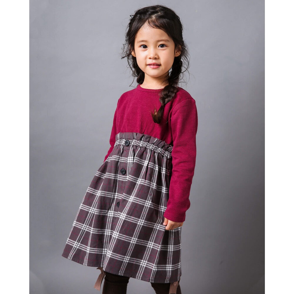 チェック 切り替え ドッキング ワンピース (90~150cm)(90cm レッド系