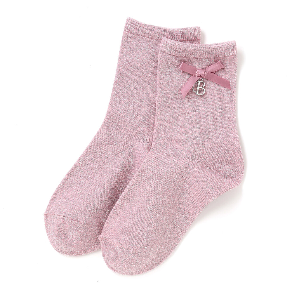 チャーム付きリボンラメクルーソックス(11~24cm)(11-13cm ピンク
