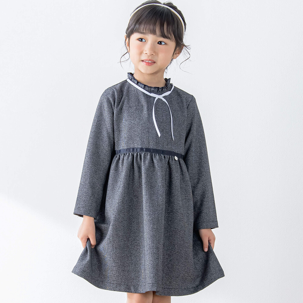 お揃い】リボン付きチェック無地ワンピース(110~130cm)(110cm ネイビー