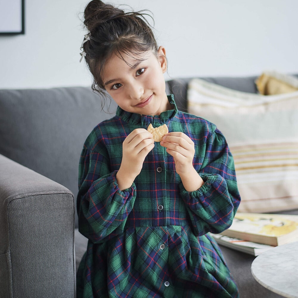 タータンチェックフリル衿ワンピース(80~130cm)(80cm ベージュ系