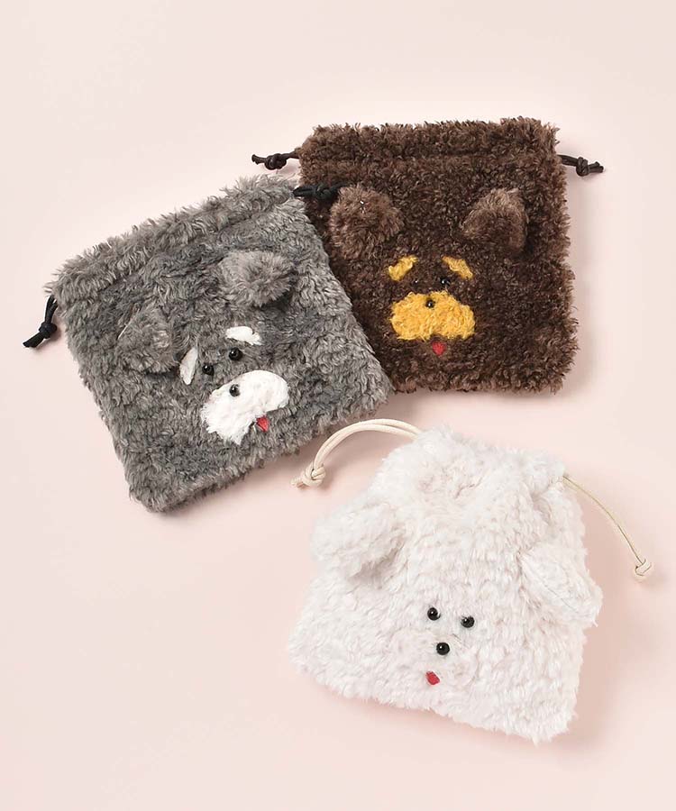 おしゃれな犬巾着ポーチ ポーチ 小物入れ 携帯小物 ホワイト ブラウン