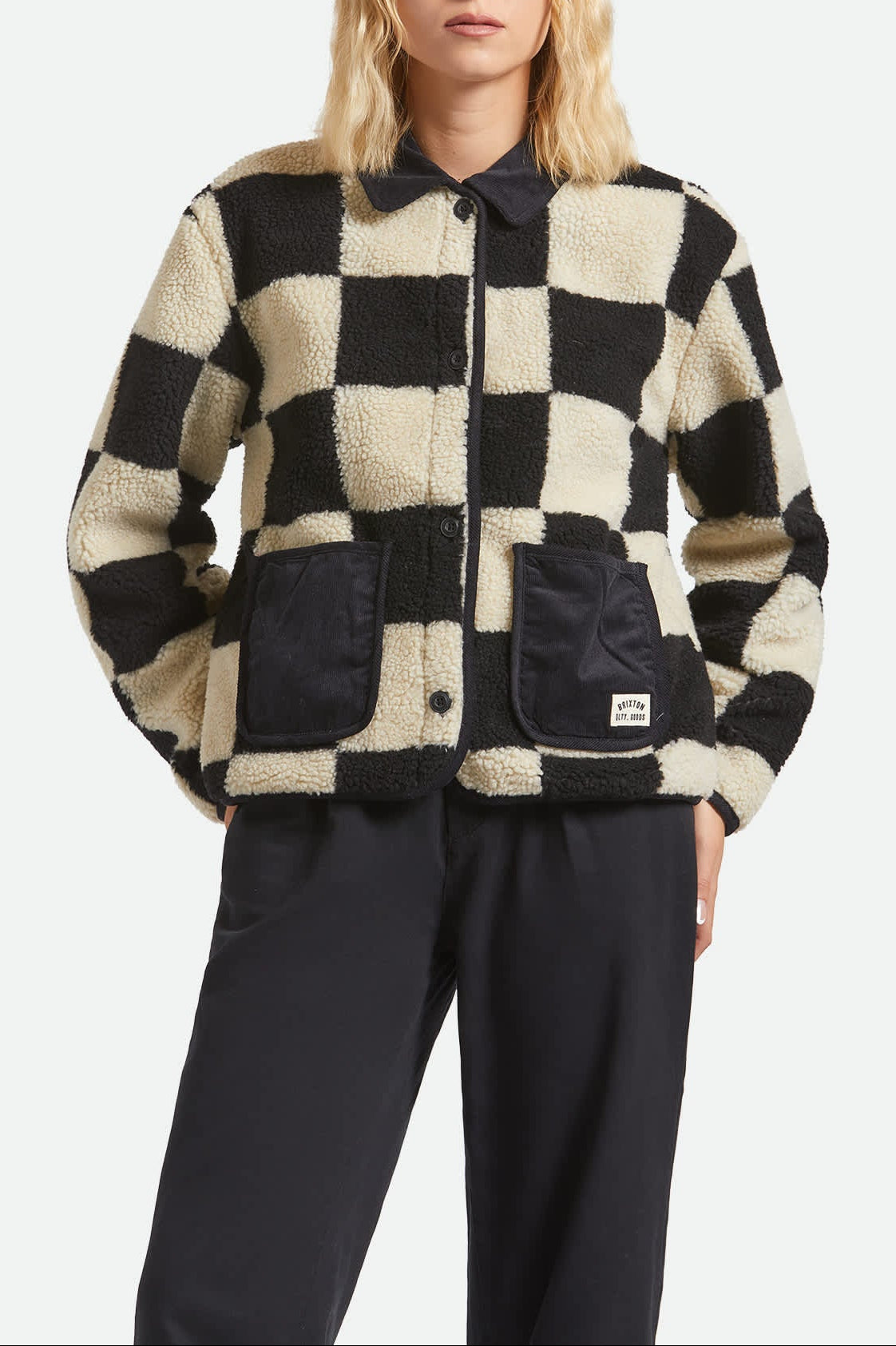 Women's Delilah Sherpa Jacket in Black/Natural Finish Line Checker