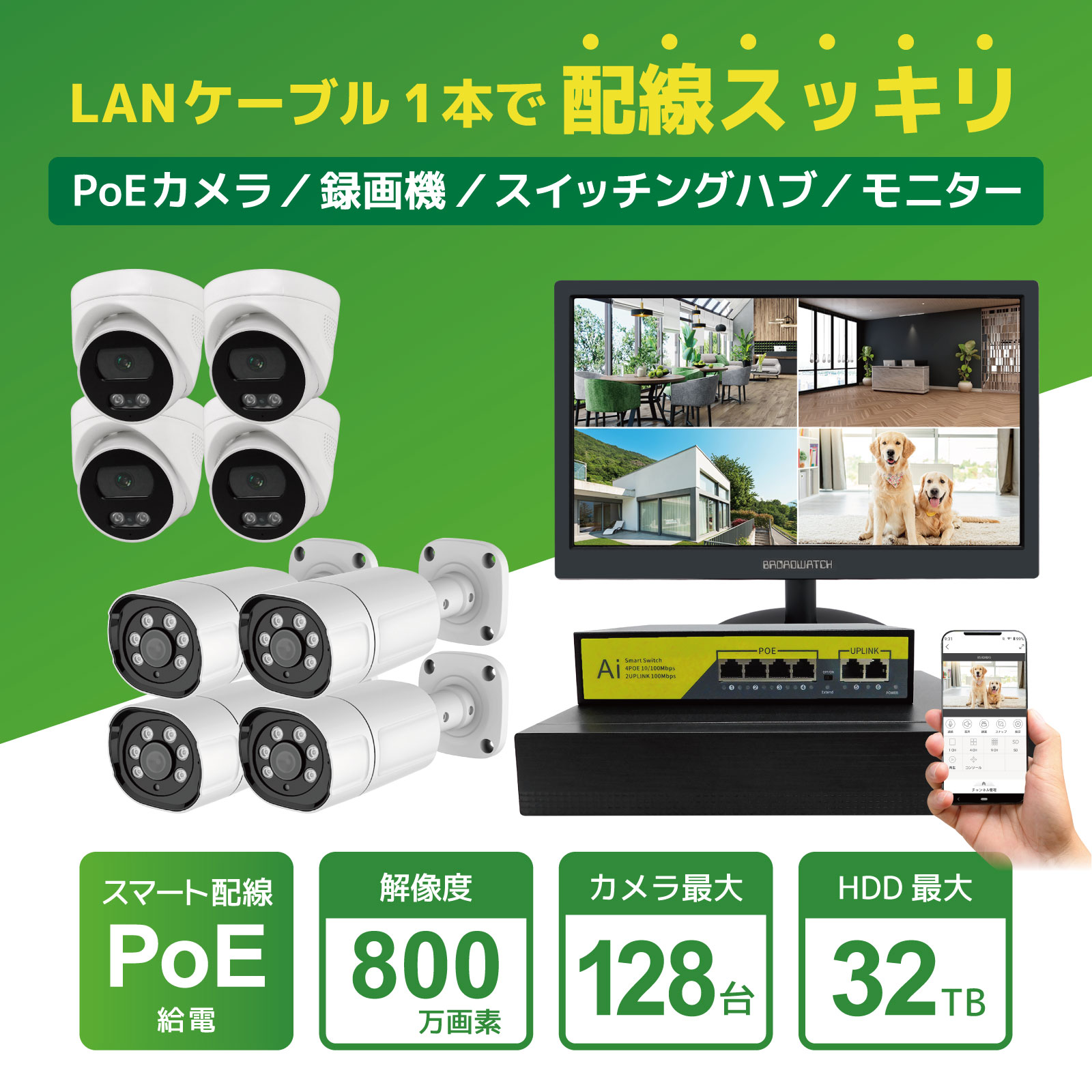 バレット型カメラ4台ドーム型カメラ4台LCD15.6インチ録画機セット【4TB