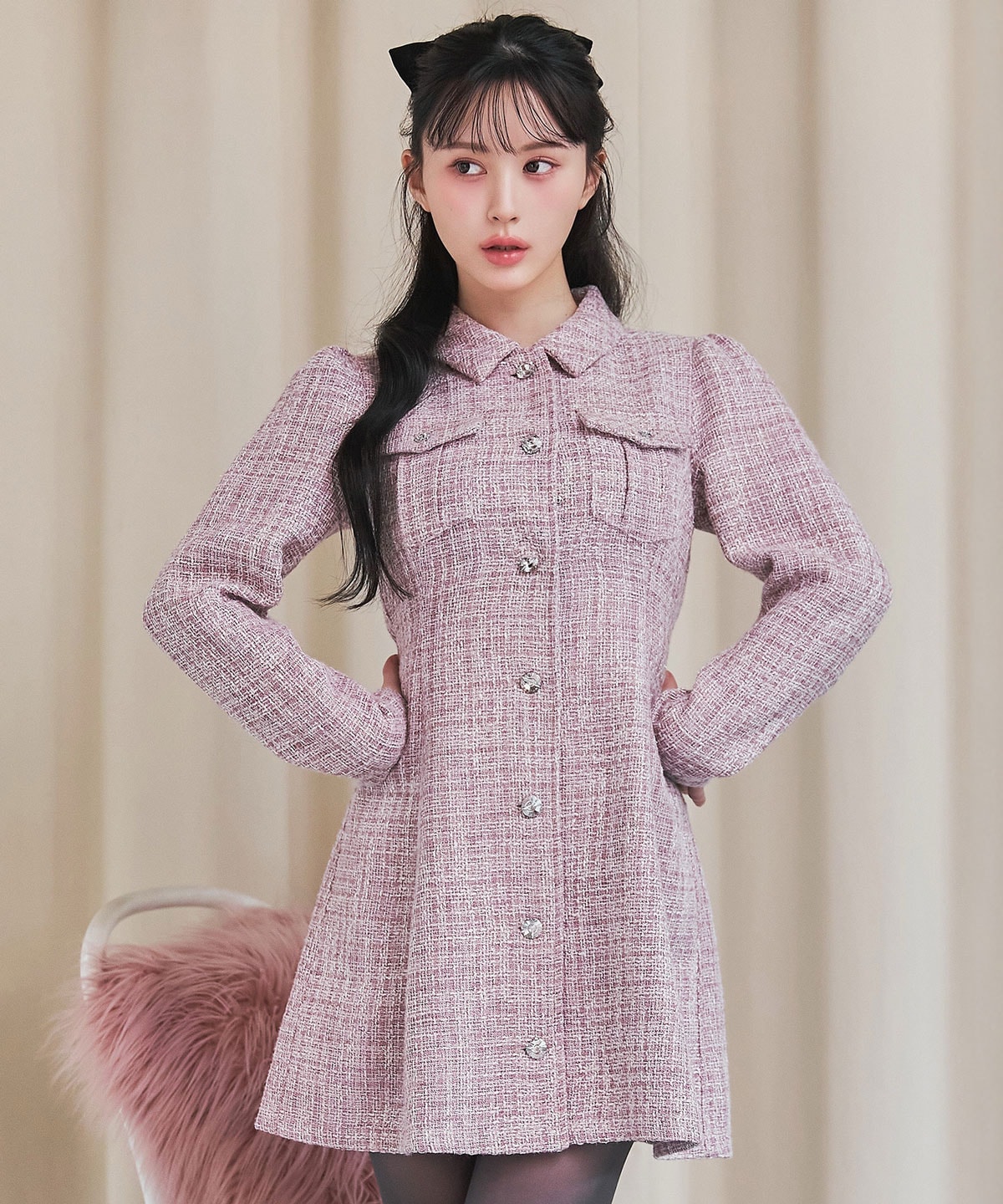 ビジューボタンファンシーツイードシャツミニワンピース(S ホワイト