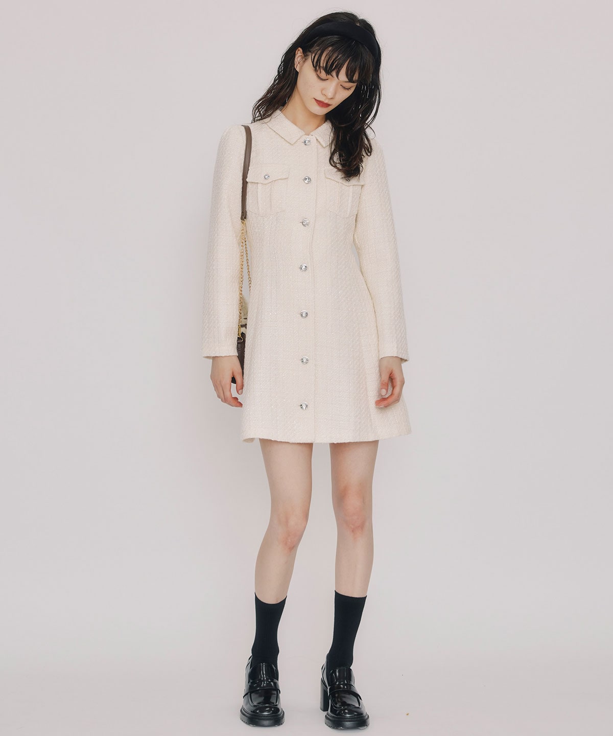 ビジューボタンファンシーツイードシャツミニワンピース(S ホワイト