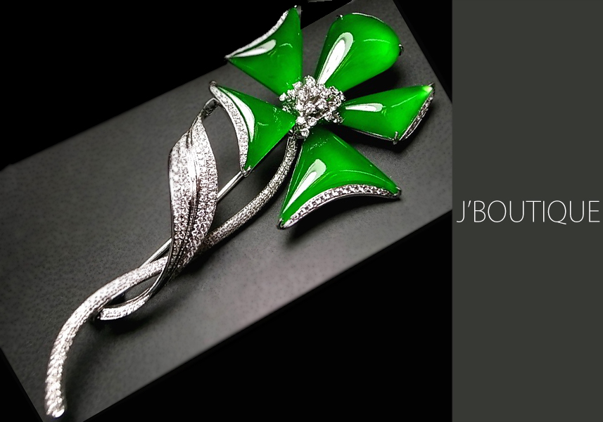 ミャンマー産天然無処理翡翠 ブローチ 花 ろうかん 花 緑 透明