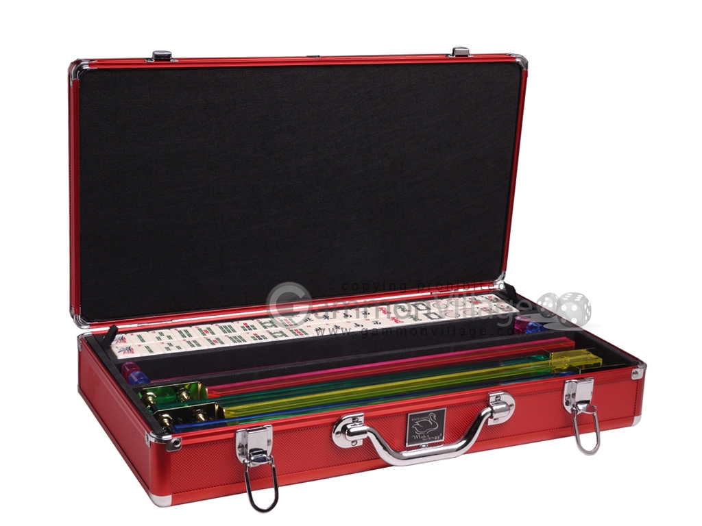 White Swan Mahjong Set - Red - Classic Pusher Arms - Ivory Tiles
