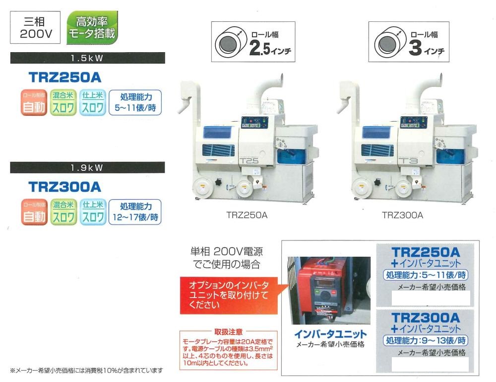 サタケ籾摺機 3インチ TRZ300A 3相 オートロール｜農機具通販の