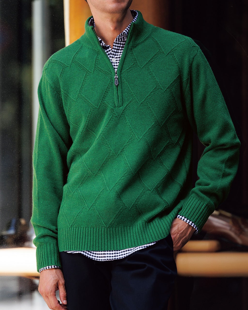 ウールブレンドダイヤ柄ハーフジップニット/DoCLASSE