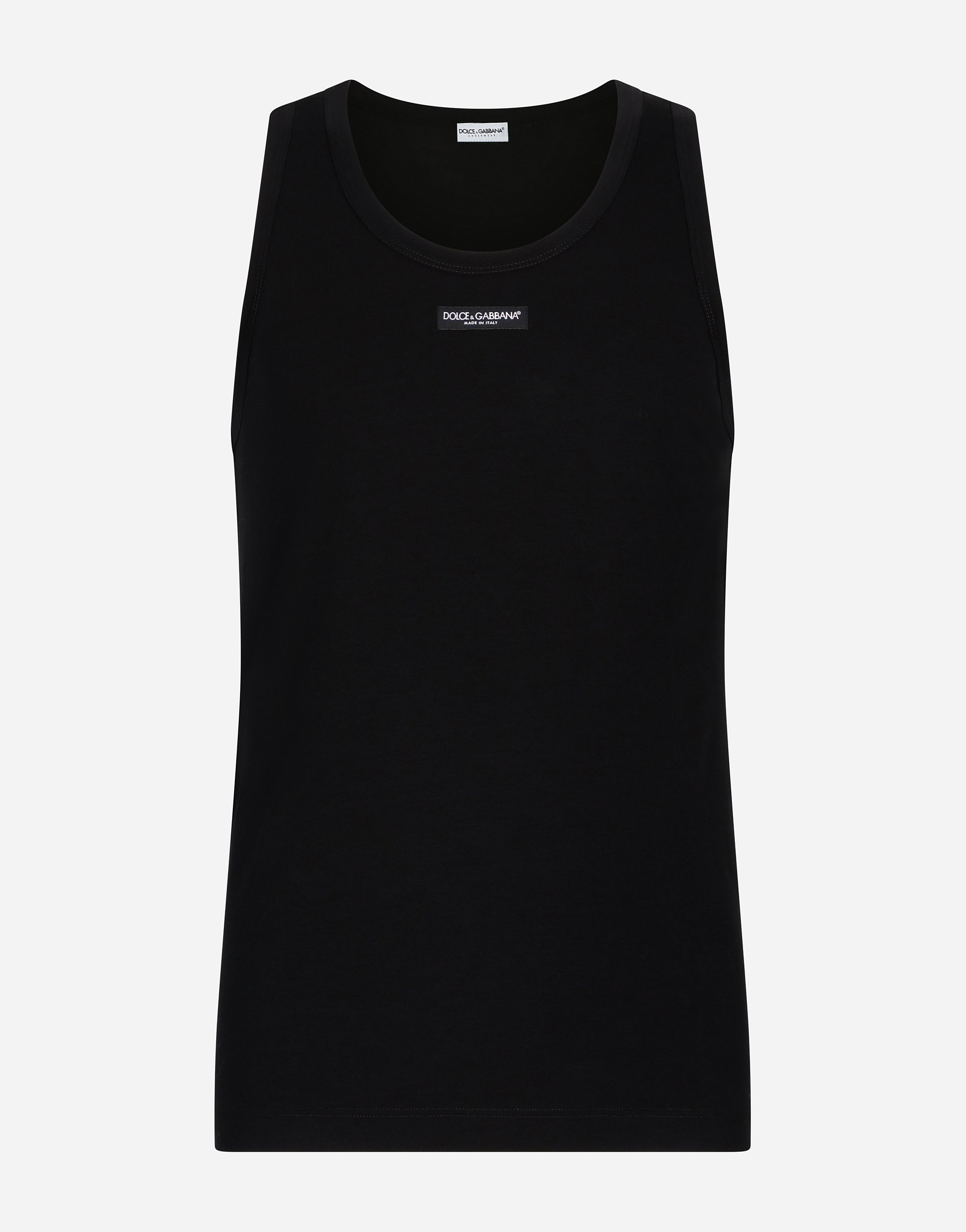 Two-way stretch cotton tank top with logo label in Black for Men