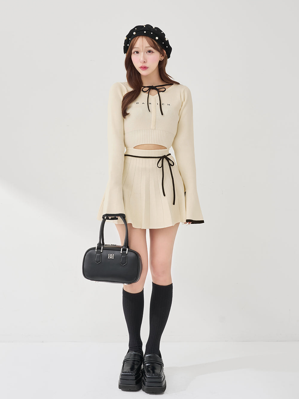 ダーリッチ ウエストオープンリボンデザインニットミニワンピース IVO
