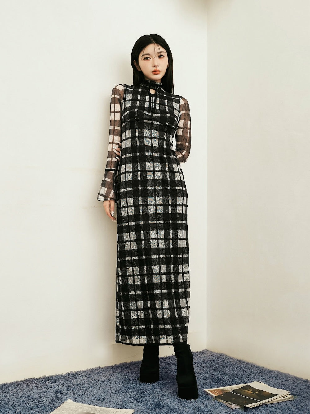 パイピングチェックレースロングワンピース – Darich (ダーリッチ)