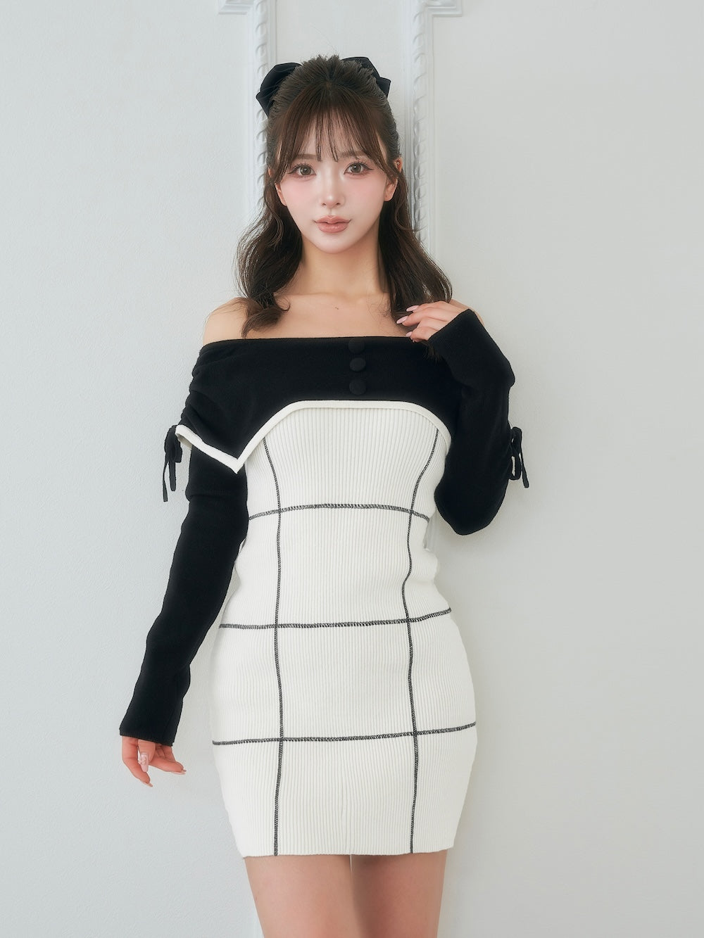 オフショルレースアップリボンニットミニワンピース – Darich (ダーリッチ)