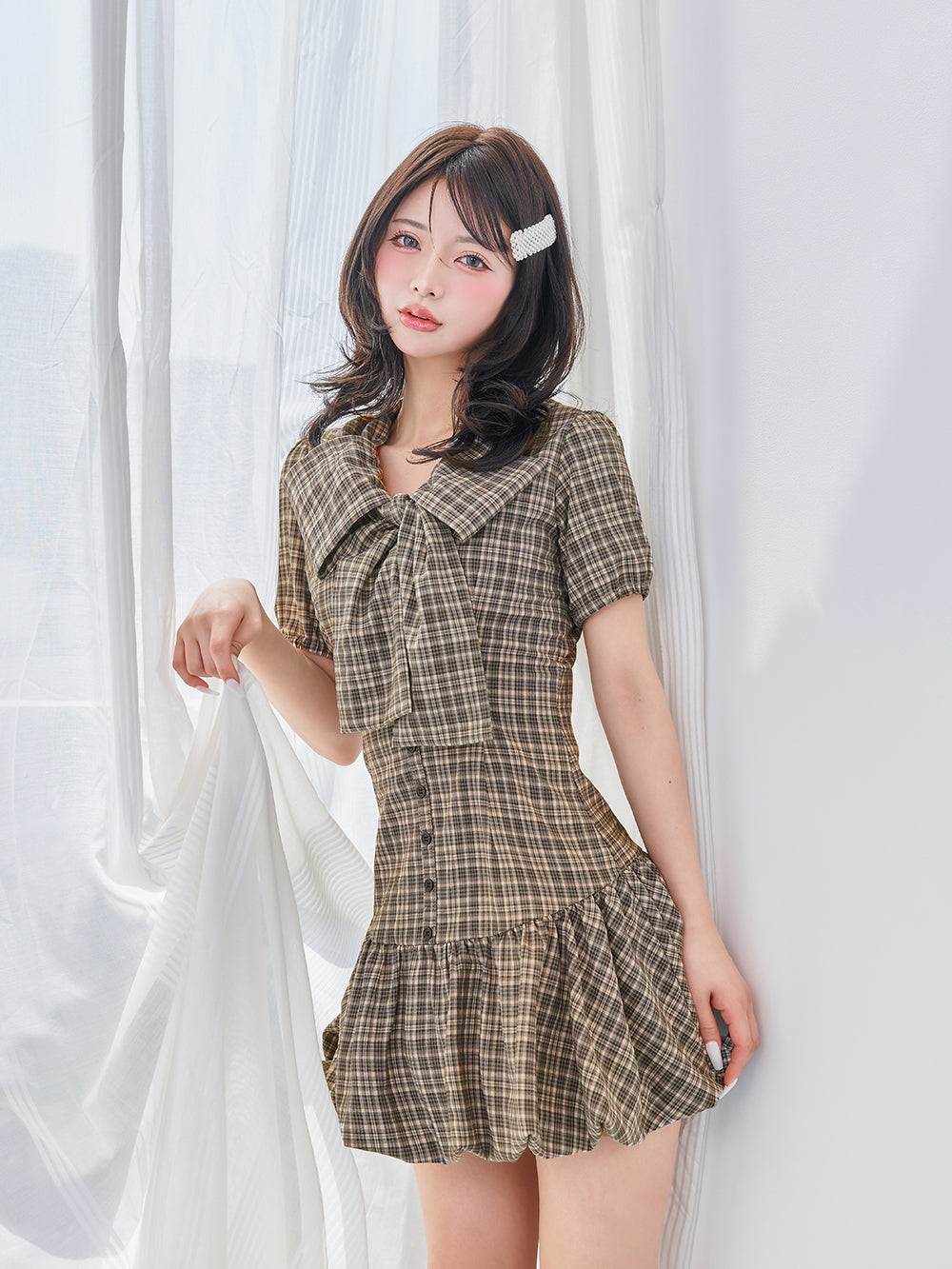 ビッグリボンバルーンチェックミニワンピース – Darich (ダーリッチ)