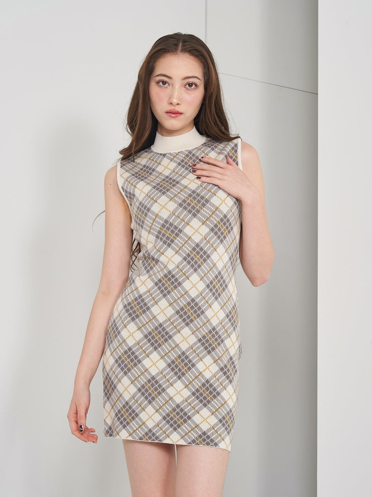 Darich♡チェックジャガードノースリニットミニワンピース(Free・BEG)