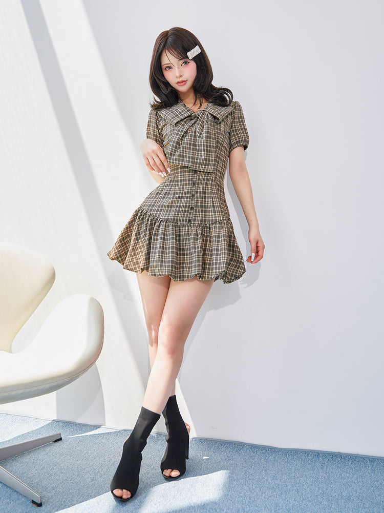 Darich ダーリッチビッグリボンバルーンチェックミニワンピースBEG