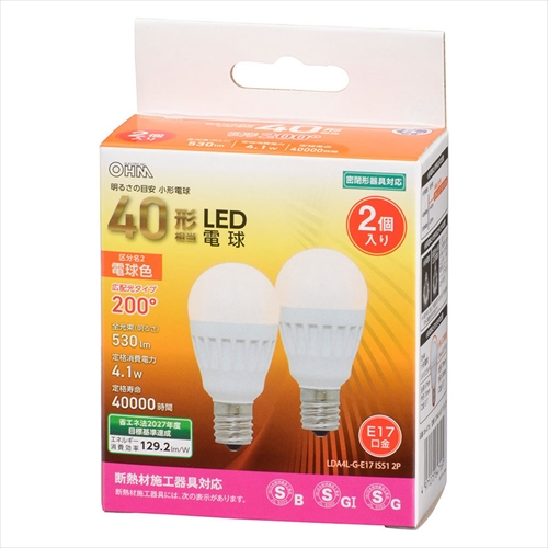 LED電球 小形 E17 60形相当 電球色 2個入 LDA6L-G-E17 IS51 OHM 電球型