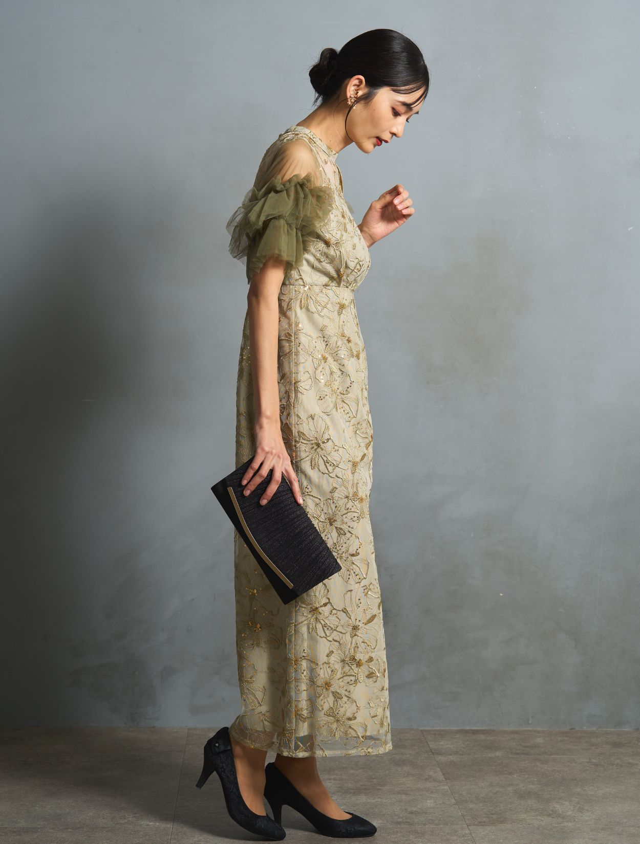 M/L】スパンコール刺繍レースドレス（ライトグリーン）DPSET0746の