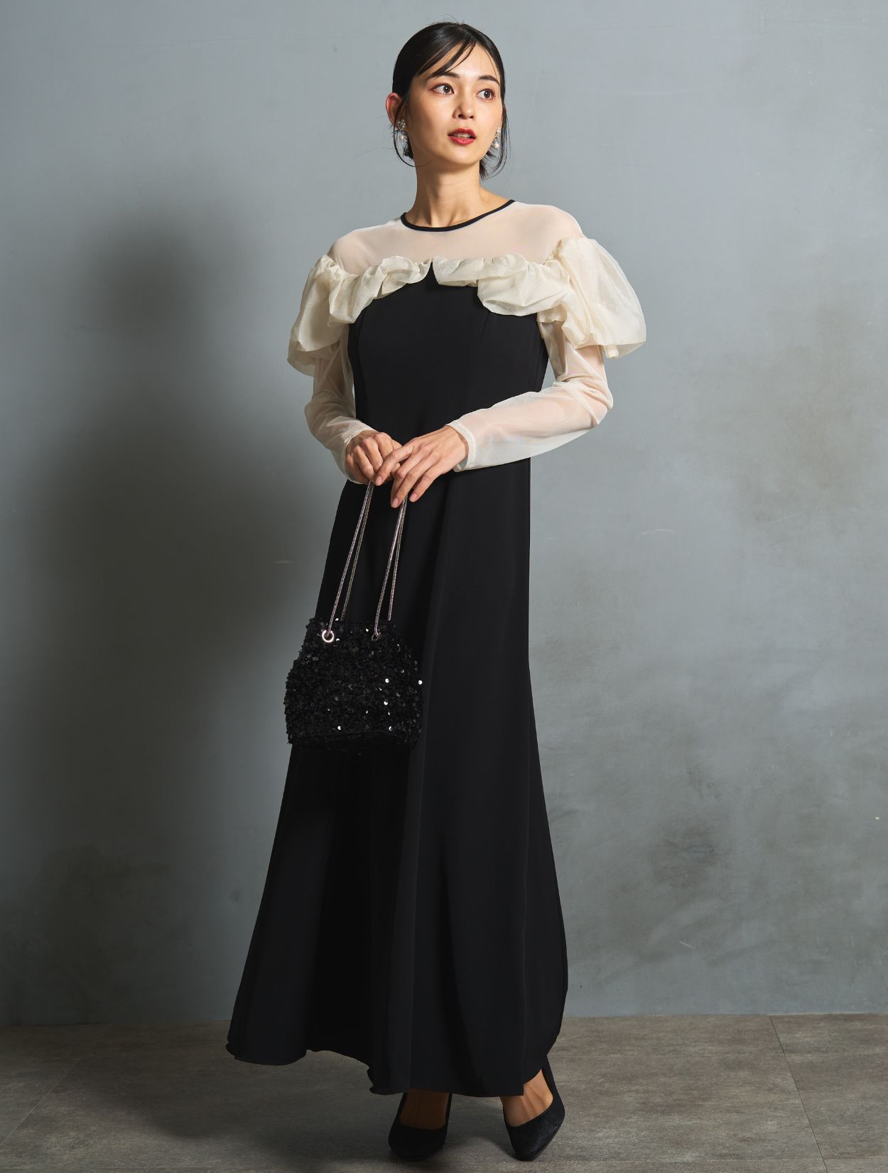 M/L】ラッフルフリルロングスリーブドレス（ブラック）DPSET0757の