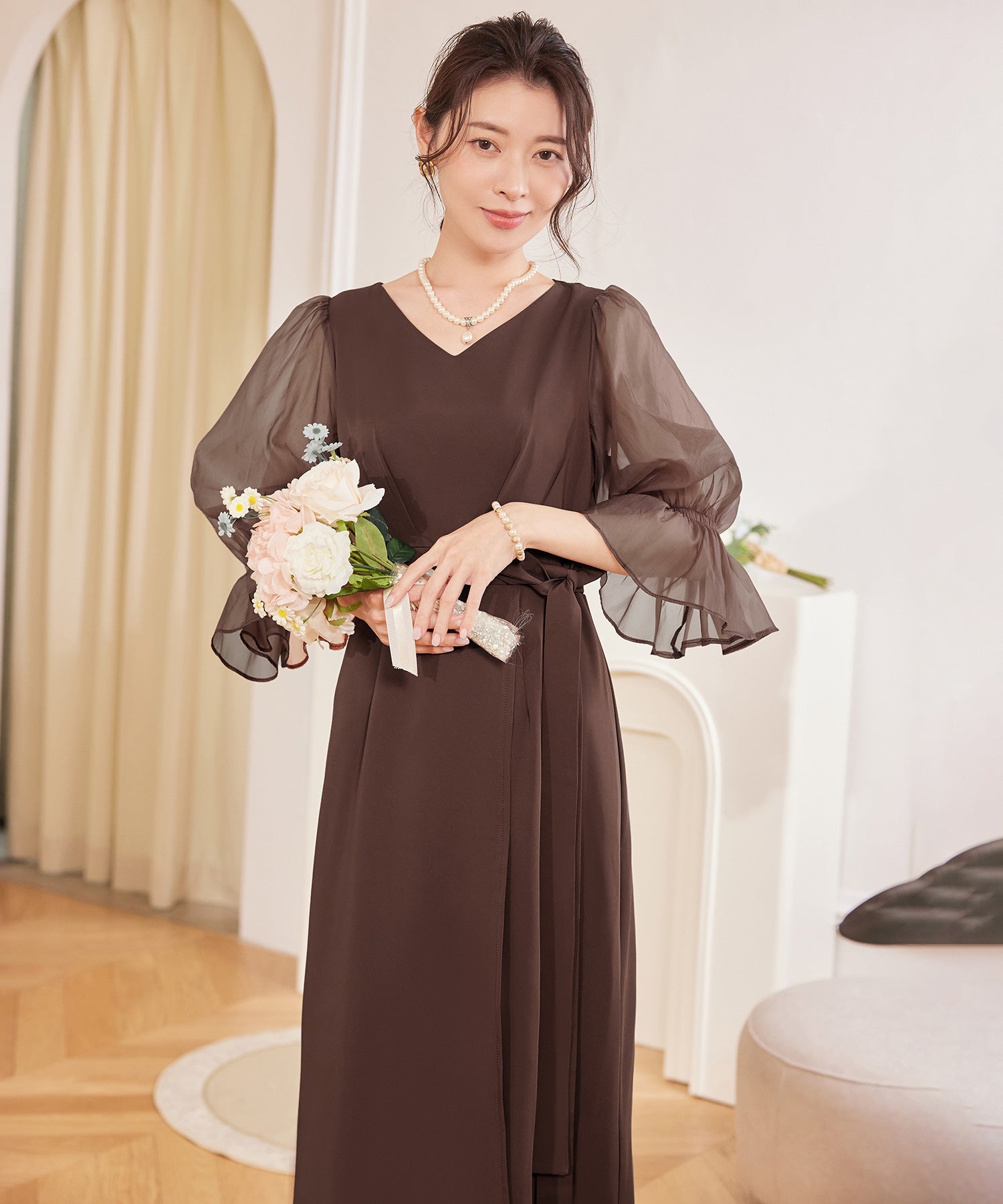 パーティードレス 結婚式 ワンピース シアー素材cy88613 モカ – [公式