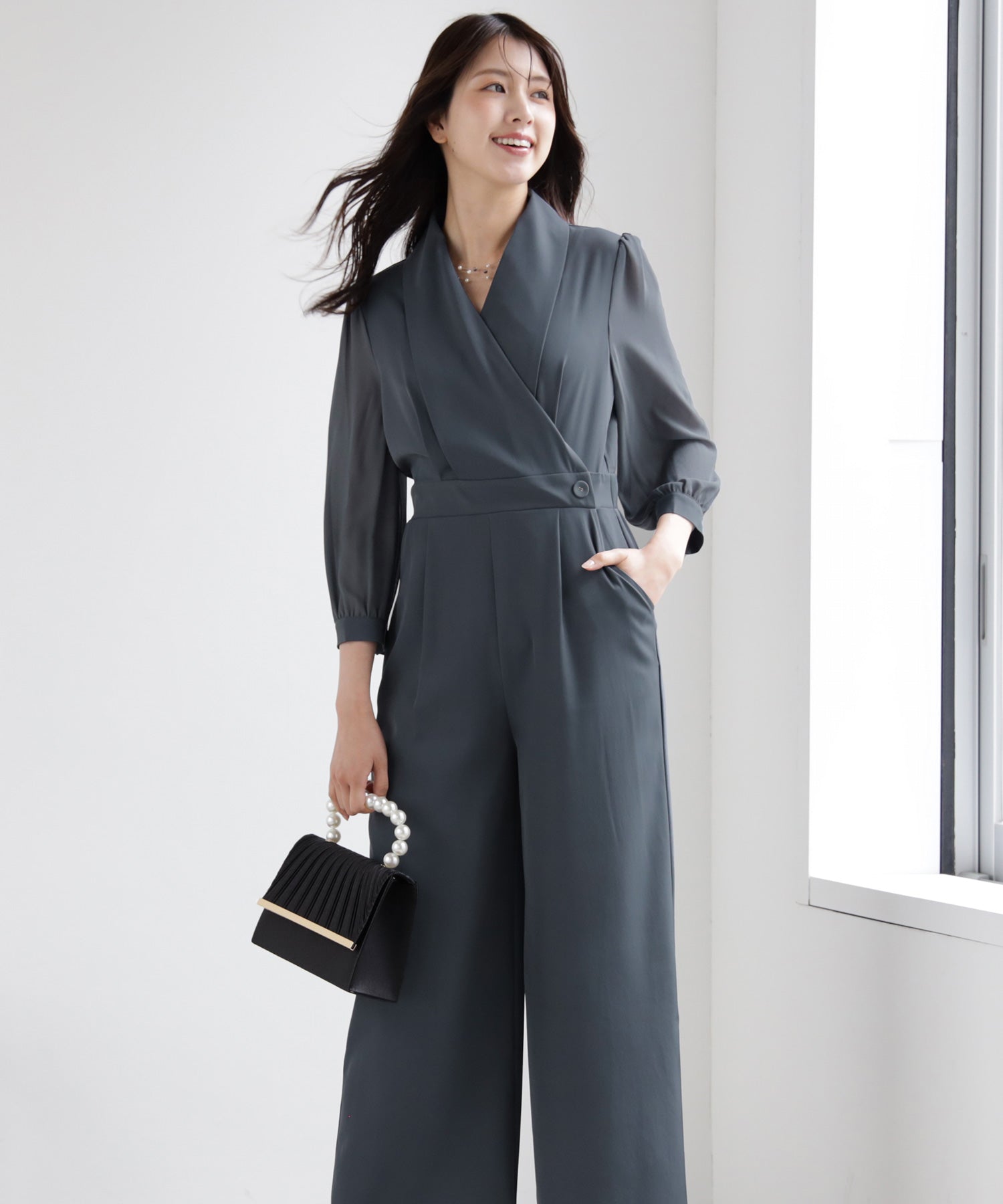 ジャンプスーツ パンツドレス シフォン S M L XL パーティー 結婚式