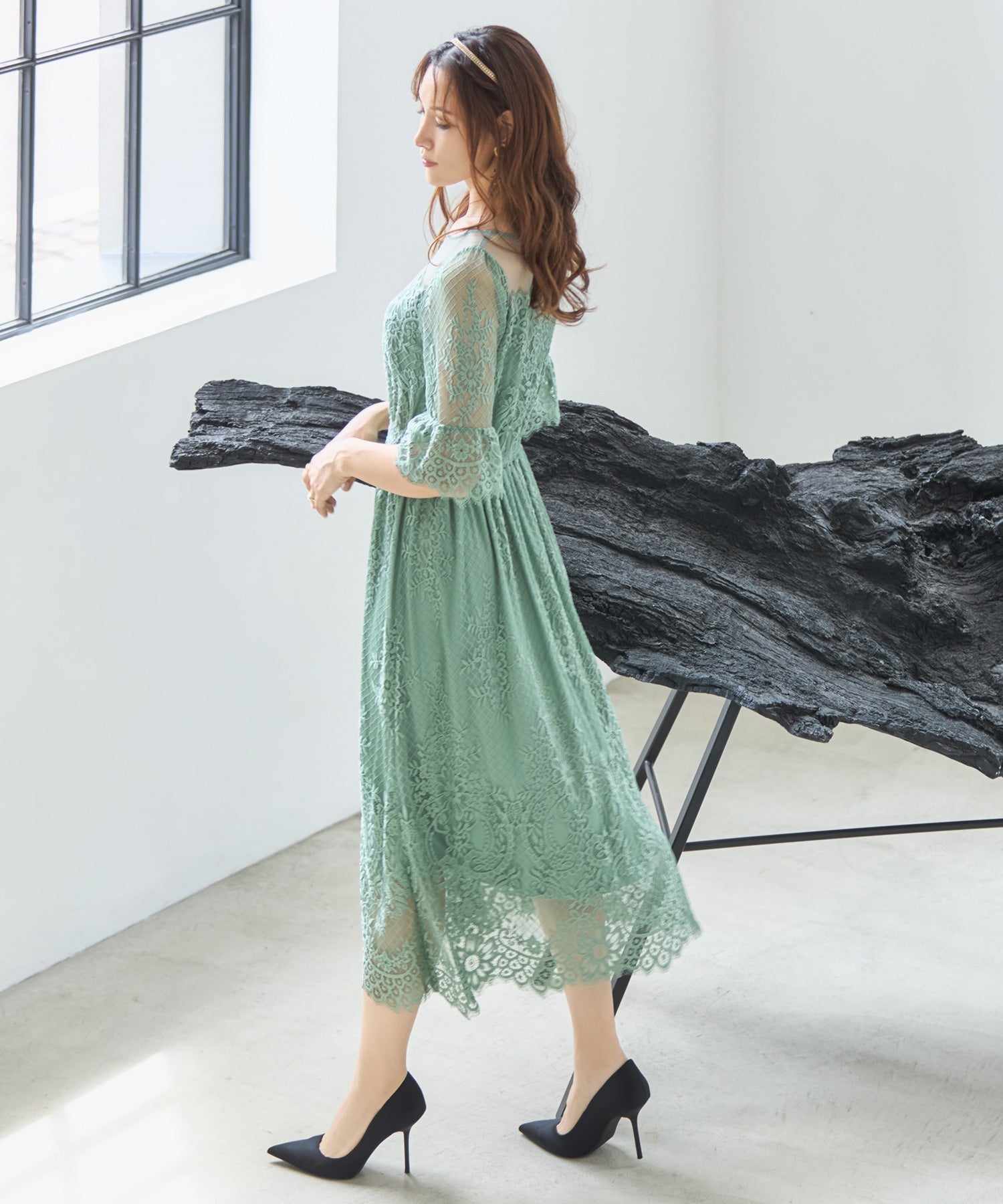 ワンピース ドレス レース チュール フレア Aライン ミモレ丈