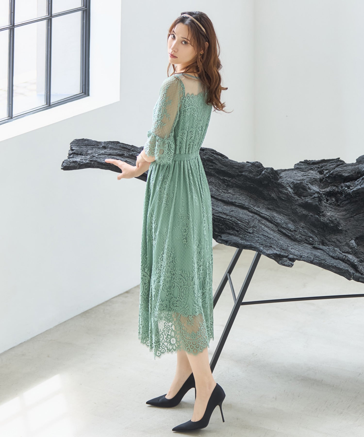 ワンピース ドレス レース チュール フレア Aライン ミモレ丈