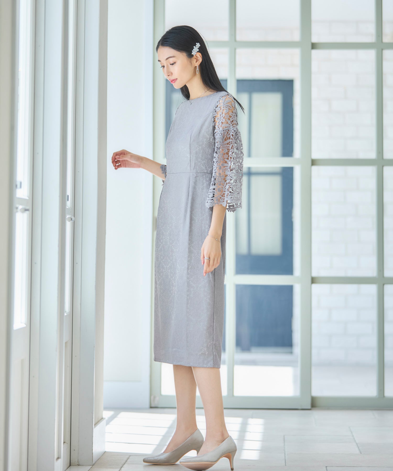 レース七分袖×ダマスク柄ワンピースドレス結婚式ワンピース・お呼ばれ