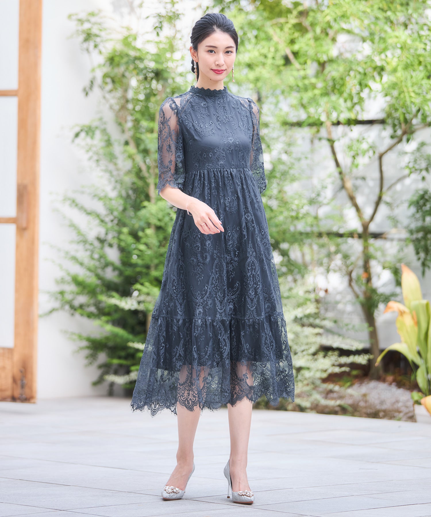レーススタンドカラーワンピースドレスパーティードレス チャコール