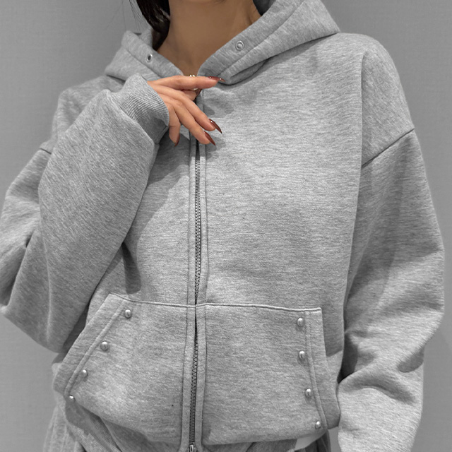裏起毛ダブルジップ長袖ルーズスタッズポケットジップパーカー