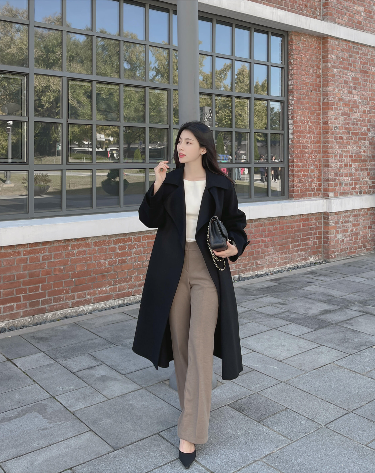 ストラップ付ウールブレンドロングコート | レディースファッション