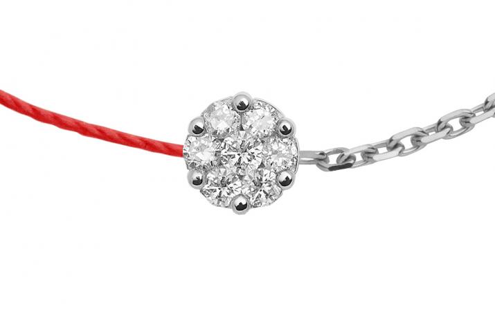 Bracelet, necklace and earrings red thread, diamonds and chain