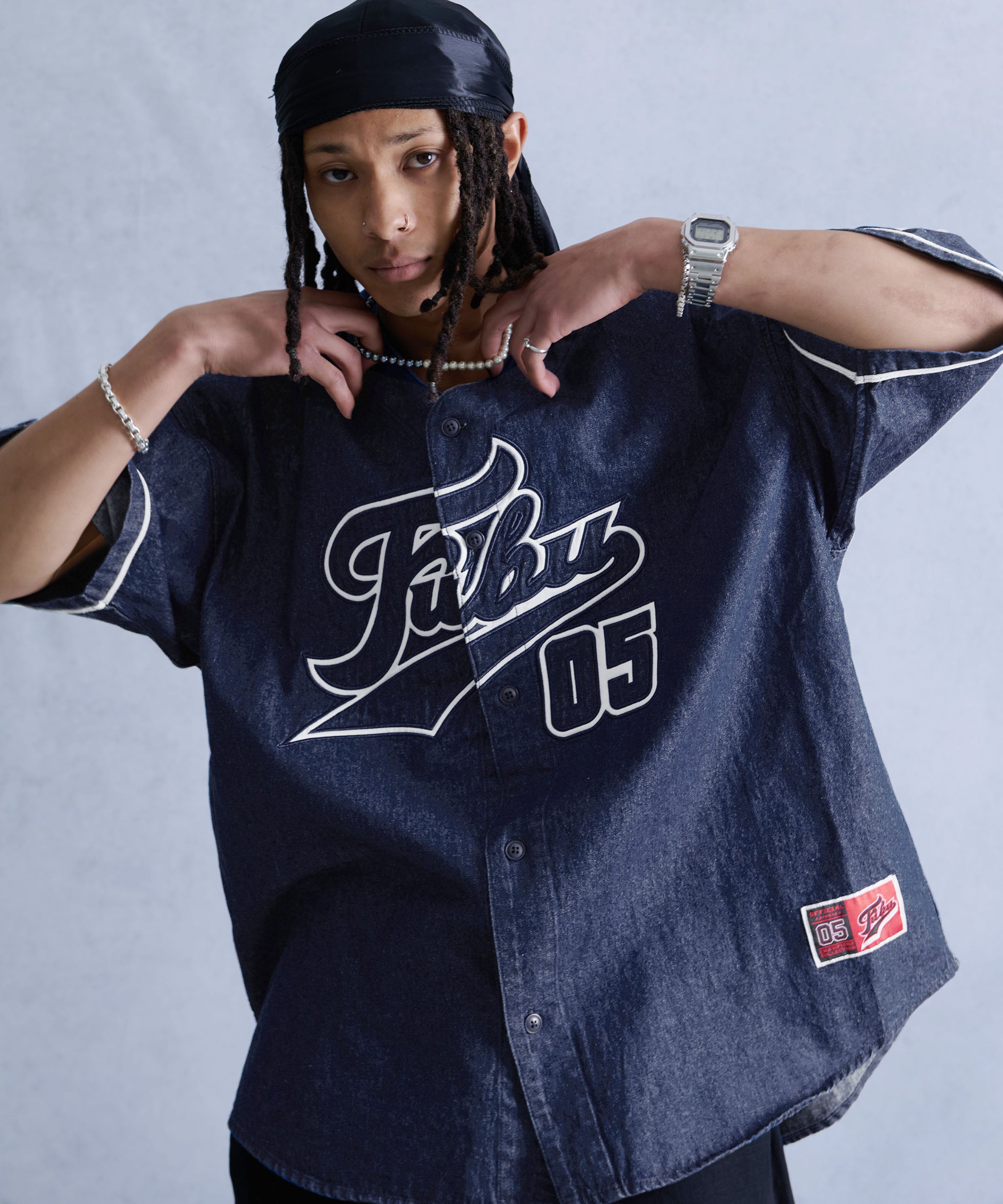FUBU フブ トップス デニム ベースボール シャツ ロゴ 刺繍 半袖シャツ