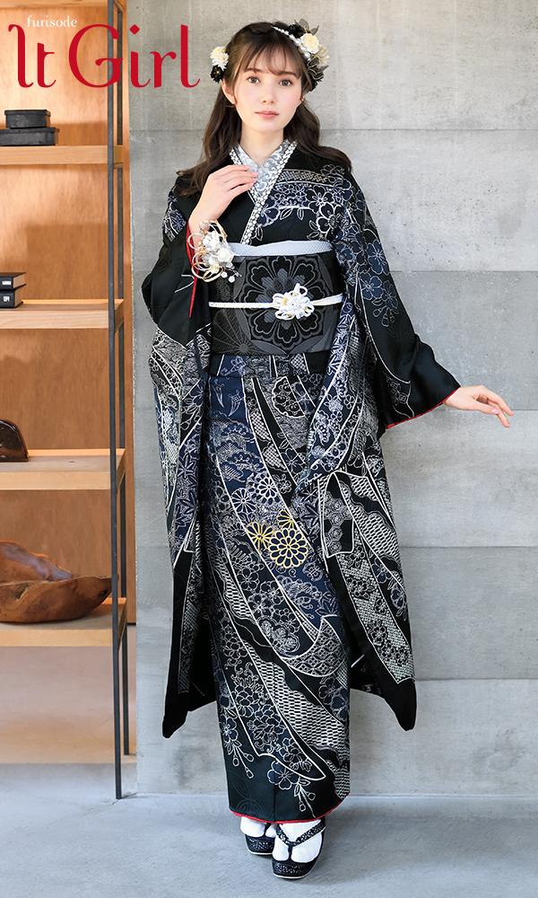 黒地に銀彩のしめ振袖｜可愛い古典【菊京屋】振袖レンタル 成人式 古典