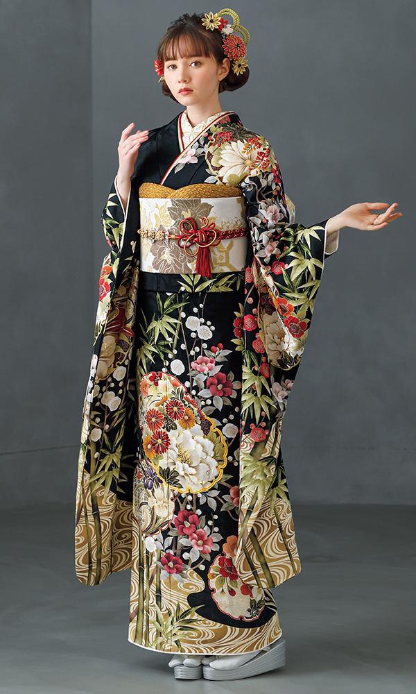 黒地に百花繚乱と雪輪｜伝統古典 【菊京屋】振袖レンタル 成人式 神戸