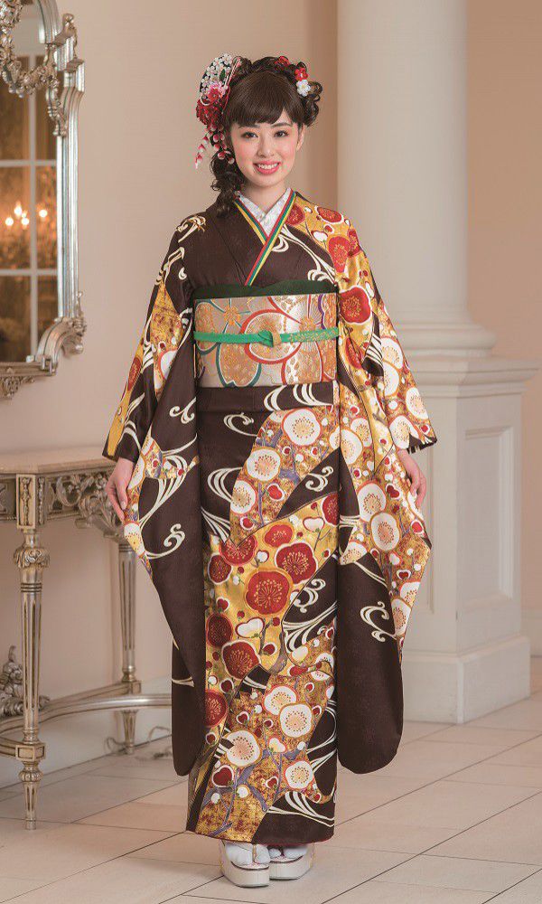 京友禅振袖・茶色・梅文様┃伝統古典【菊京屋】