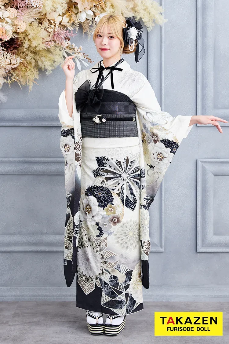 安くてお得！九重×中村里砂ブランド振袖ネットレンタル 白/黒