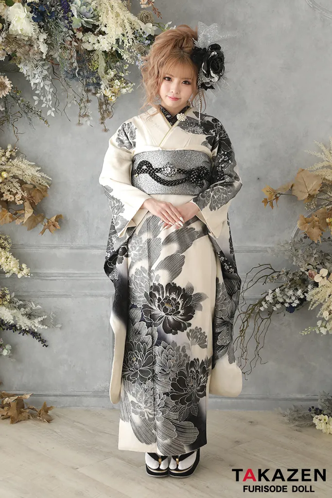 クール系モード 白/黒/シルバー(銀色) 牡丹柄 花魁風 渋い かっこいい