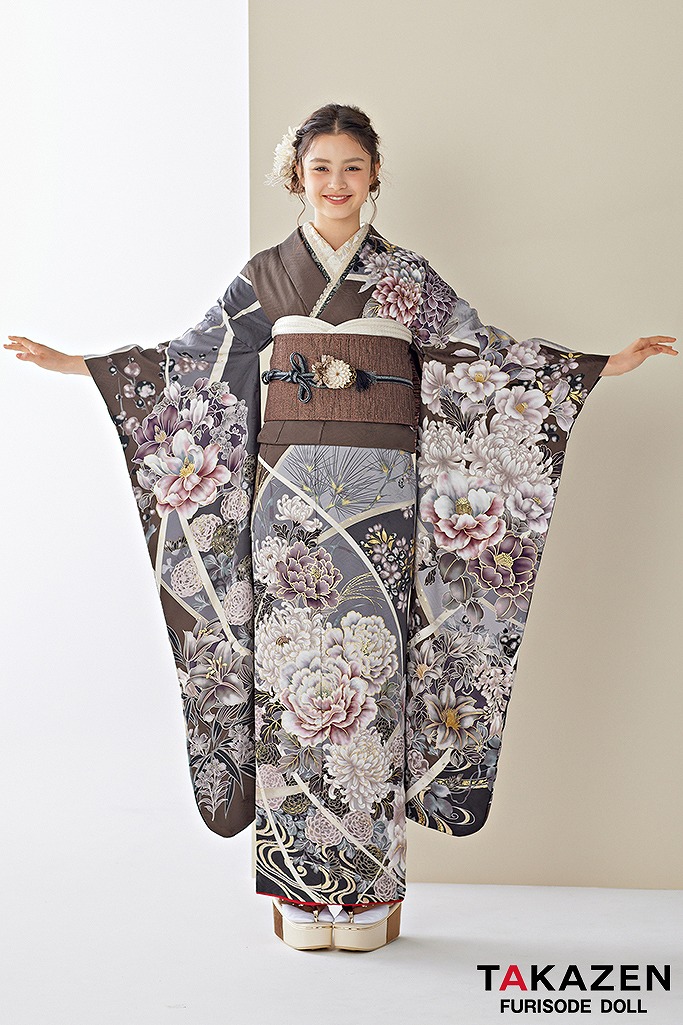 くすみカラー古典 グレー/ブラウン/ダスティーカラー 牡丹柄 大人っ