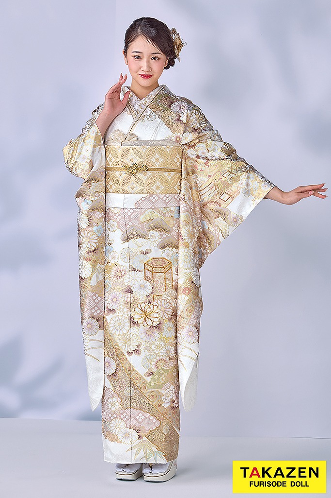 最高級古典柄振袖 関芳/最高級金彩刺繍友禅 白/金 レース 上品 正絹 桂