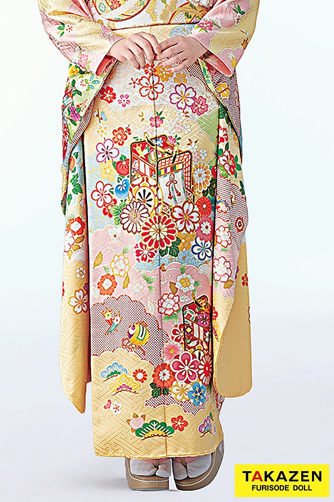 最高級古典柄振袖 吉澤織物/吾妻徳穂 黄色/ピンク 御所車柄/雲取り