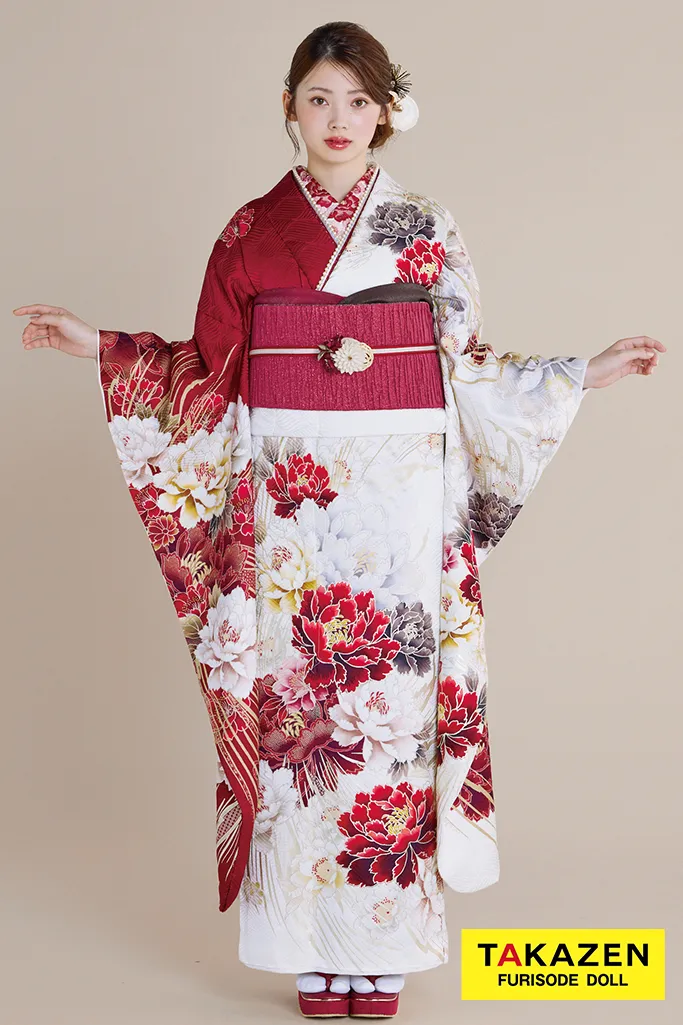 最新作正統派古典 白赤 牡丹柄/大柄 大人っぽい きれいめ 上品 豪華